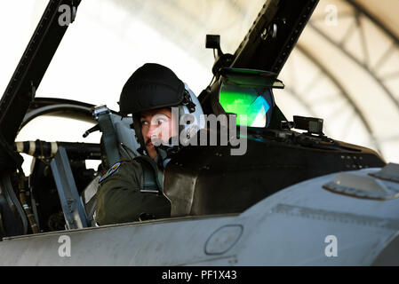 Le capitaine de l'US Air Force a appelé l'Hauber, un F-16 Fighting Falcon pilote désigné pour le 112e Escadron de chasse de l'expéditionnaire, effectue des vérifications de contrôle en amont du 22 février 2016, au cours de l'effort à faire face au Nord 16 à Andersen Air Force Base, Guam. Exercices de formation tels que le CN16, permettre aux États-Unis, le Japon et l'Australie air forces pour développer les capacités de combat, l'amélioration de la supériorité aérienne, la guerre électronique, de l'interdiction aérienne, le transport aérien tactique et aerial refueling. (U.S. Photo de la Garde nationale aérienne par le sergent. Shane Hughes/libérés) Banque D'Images