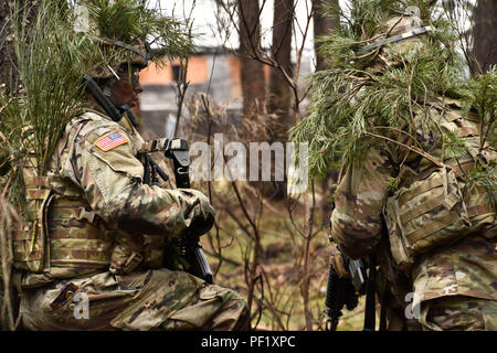 Le Sgt. Daniel Mukavetz, une cavalerie du scoutisme affecté à Palehorse Troop, 4e Escadron, 2e régiment de cavalerie, relais où il veut positionner son équipe d'incendie à l'un des membres de son équipe au cours de leur exercice de tir réel à la zone d'entraînement Grafenwoehr, situé près de la Caserne de Rose, de l'Allemagne, le 24 février 2016. L'appareil utilisé cet exercice de mise à jour et la formation de leurs soldats en combat au sol tactique techniques tout en également des gammes de tir réel sur leur FGM-148 Javelin des missiles et leur système de canon mobile Stryker. (U.S. Photo de l'armée par le Sgt. William A. Tanner) Banque D'Images