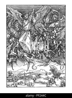 Saint Michel terrassant le dragon est une gravure sur bois de 1498 par Albrecht Dürer, Banque D'Images