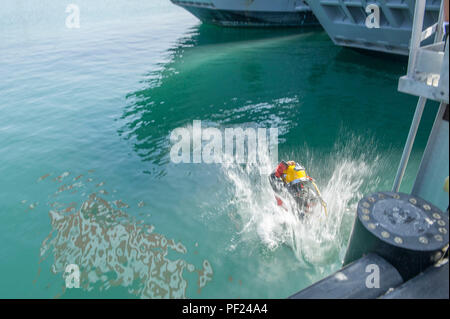 160226-N-HD PORT HUENEME670-228, Californie (fév. 26, 2015) - chef mécanicien de construction Elisia Correa, attribué à Naval Facilities Engineering Command, d'ingénierie et Centre de guerre expéditionnaire, pénètre dans l'eau pour sa dernière plongée comme un plongeur Seabee et de demander la permission d'aller à terre pour la dernière fois au cours de sa retraite. Correa a pris sa retraite après 23 années de service comme un plongeur et Seabee Seabee. (U.S. Photo par Marine 3e classe Utilitiesman Stephen Sisler/libérés) Banque D'Images