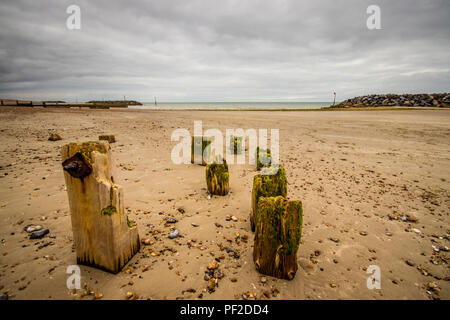 Vieille épis (défense) de la mer sur une plage de sable à West Sussex, UK Banque D'Images