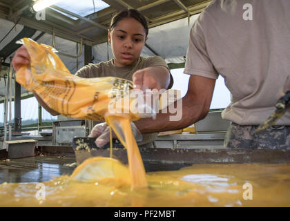 La CPS. Halayla Vega, spécialiste de l'alimentation, 611, quartier-maître verse un mélange d'œufs sur une surface de cuisson dans une cuisine recevez le trailer mis en place dans le domaine, Camp Ripley, Minn., 15 août 2018. Les cuisines sont en mesure de faire cuire la nourriture et le service des repas en cours de l'installation dans une seule journée. (U.S. Réserve de l'armée photo prise par le s.. Adam Decker) Banque D'Images