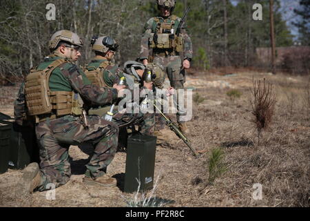 Raiders marines à partir de la Compagnie F, 2d Marine Raider bataillon, perfectionné leurs compétences tir de mortiers de 60 mm dans le cadre d'un exercice collectif de Fort Jackson, L.C., le 25 février 2016. Banque D'Images