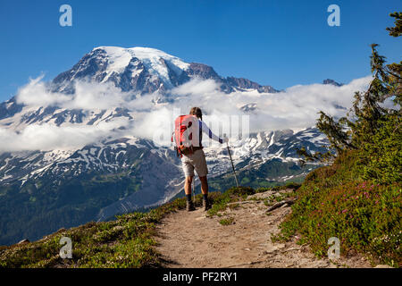 WA14711-00...WASHINGTON - le randonneur dans Tatoosh Range avec le Mont Rainier dans la distance, Mount Rainier National Park. (MR N° S1) Banque D'Images