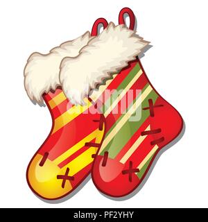 Ensemble de la pendaison des bottes de fourrure couleur couleurs rouge et vert isolé sur fond blanc. Esquisse pour carte de vœux, invitations, l'affiche de la fête. Attributs de Noël et Nouvel an. Vector close-up. Illustration de Vecteur