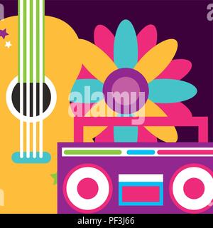 Radio stéréo et guitare hippie fleurs esprit libre Illustration de Vecteur