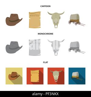 Chapeau de Cowboy, est recherché, panier, bull crâne. Wild West collection set icons in cartoon,télévision,style monochrome symbole vecteur illustration de stock . Illustration de Vecteur