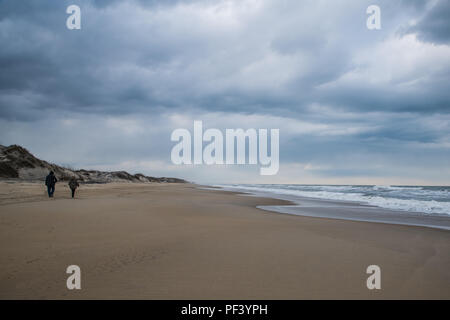 Marchant sur la plage sous un ciel d'orage froid à Cape Hatteras National Seashore en Caroline du Nord Banque D'Images