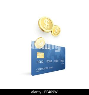 Pièces d'or et une carte de crédit modèle. L'argent va au compte bancaire. Économiser de l'argent ou des remises en espèces Concept. Vector illustration Illustration de Vecteur