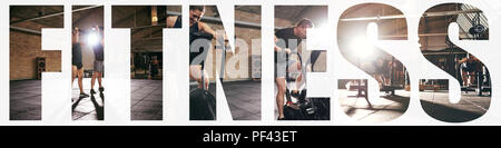 Collage de monter deux jeunes dans l'élaboration de vêtements avec différents équipements de gym avec un fond de la remise en forme de mots Banque D'Images