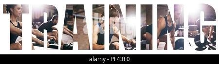 Collage d'un fit young woman in sportswear l'élaboration avec l'équipement de sport avec un fond de la formation word Banque D'Images