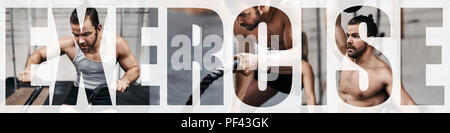 Collage d'un jeune homme fit l'élaboration avec divers équipements dans une salle de sport avec un fond de l'exercice de texte Banque D'Images