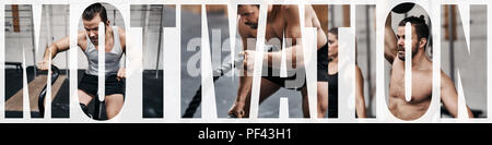 Collage d'un jeune homme fit l'élaboration avec l'équipement dans une salle de sport avec un fond de la parole de la motivation Banque D'Images