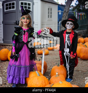 Halloween kids, Trick-or-treat. Les enfants porte costume de sorcière et squelette pour Halloween party Banque D'Images