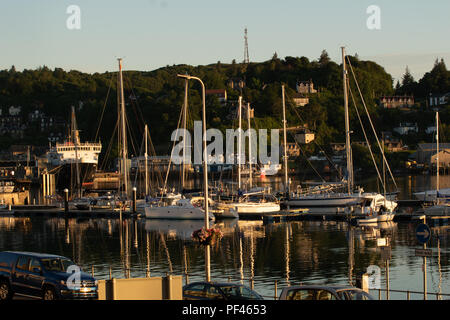 Les yachts et le ferry CalMac 'Isle of Mull' se sont installés pour la nuit alors que le soleil se couche sur le port d'Oban West Highland, Scotland Banque D'Images