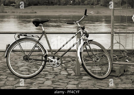 Vélos garés sur les rives de l'Elbe à Dresde Banque D'Images