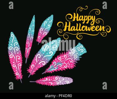 Happy Halloween carte. Inscription de lettrage. Ornement de plumes Set isolé sur un fond sombre. Illustration de Vecteur