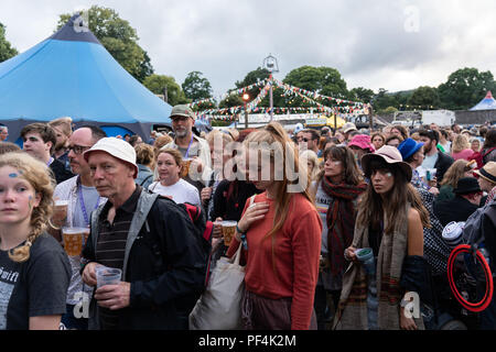 Glanusk Park, Brecon, pays de Galles, 18 août 2018. Deuxième jour du festival de musique Green Man dans les montagnes Brecon Beacons au pays de Galles. Les fans de tous âges regardent les groupes dans la zone murée Garden Stage. Crédit : Rob Watkins/Alamy Live News. Banque D'Images