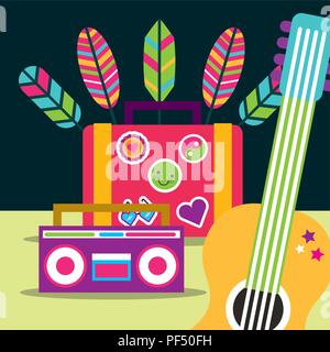 Guitare et valise radio free spirit plumes Illustration de Vecteur