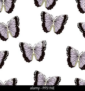 Dessin animé papillon motif transparent, vector background. L'Abstraction tirée avec insecte violet lilas ailes noires sur fond blanc. Pour le tissu Illustration de Vecteur