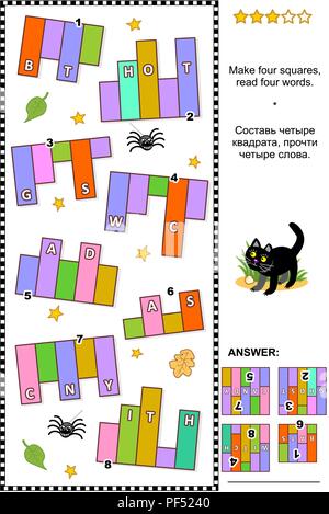 Thème de l'Halloween résumé formation IQ visual word puzzle (en anglais) : faire quatre carrés, lire quatre mots. Réponse inclus. Illustration de Vecteur