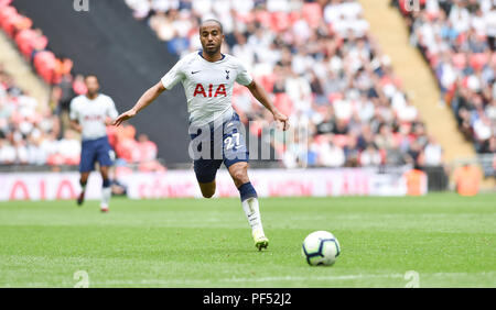 Lucas Moura d'éperons au cours de la Premier League match entre Tottenham Hotspur et Fulham au stade de Wembley à Londres. 18 août 2018 Editorial uniquement. Pas de merchandising. Pour des images de football Premier League FA et restrictions s'appliquent inc. aucun internet/mobile l'usage sans licence FAPL - pour plus de détails Football Dataco contact Banque D'Images