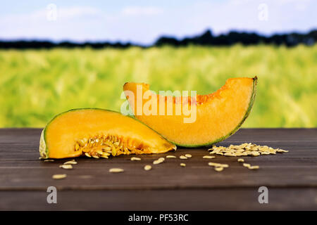 Groupe de deux tranches de melon cantaloup frais divers avec des graines autour de champ de blé vert avec en arrière-plan Banque D'Images