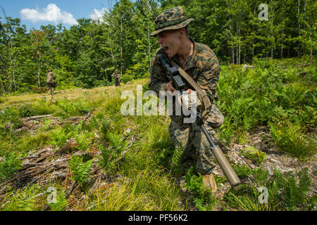 Le Sgt. David, un Bloxton avec sniper scout 3e Bataillon, 25e Régiment de Marines, communique avec le reste de son équipe au cours d'une pause pour percer à l'exercice Northern Strike au Camp Grayling, Michigan, le 11 août, 2018. Camp de l'Arctique, le plus grand centre de la Garde nationale dans le pays couvrant 147 000 hectares, offre de nombreuses grosses pièces d'artillerie, de mortiers, de chars et les cours de manœuvre. (U.S. Marine Corps photos du Cpl. Niles Lee) Banque D'Images