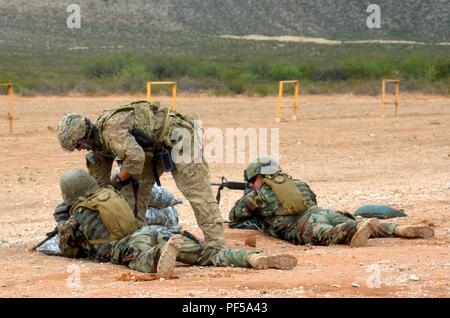 Scout snipers moldave Fire M4 carbine rifles à une gamme pour aider à renforcer et affiner leurs compétences de base dans l'adresse au tir de fusil avec l'aide de soldats de la 30e Brigade blindée de l'équipe de combat. Des soldats moldaves sont intégrés avec différentes unités relevant de la 30e Brigade blindée contre les volumes exportables (capacité de formation XCTC) exercice, 6 Août - 21, 2018. L'exercice est l'un des 30e plus grand exercice dans l'histoire récente, avec plus de 4 000 soldats citoyens à partir de la Caroline du Nord, Caroline du Sud, West Virginia, Minnesota, et le pays de Moldova.Ils seront tous aiguiser leurs combat ski Banque D'Images