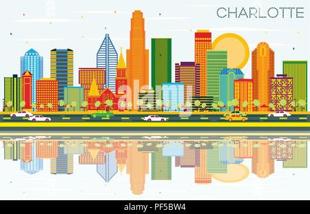 Charlotte North Carolina City Skyline avec les bâtiments, de couleur bleu ciel et les réflexions. Vector Illustration. Illustration de Vecteur