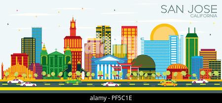 San Jose en Californie avec des toits de bâtiments et de couleur bleu ciel. Vector Illustration. Les voyages d'affaires et tourisme Concept avec l'architecture moderne. Illustration de Vecteur