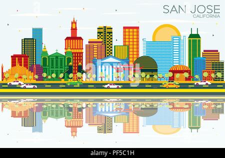 San Jose en Californie avec des toits de bâtiments, de couleur bleu ciel et les réflexions. Vector Illustration. Illustration de Vecteur