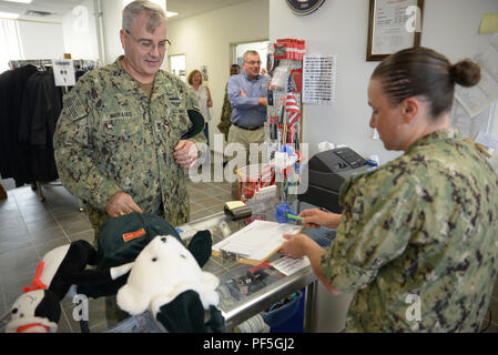 180813-N-BN973-003 GRANDS LACS, mauvais (13 août 2018) Master Chief Mate du machiniste Michael Waranis, premier conseiller à s'officier de guerre de surface des Grands Lacs de l'unité de l'école achète des articles à la Marine et le Marine Corps Société de Secours Grand Lac Thrift Ship 13 août. (U.S. Navy photo de Brian Walsh/libérés) Banque D'Images