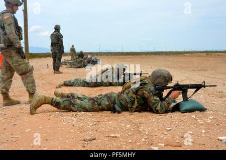 Scout snipers moldave Fire M4 carbine rifles à une gamme pour aider à renforcer et affiner leurs compétences de base dans l'adresse au tir de fusil avec l'aide de soldats de la 30e Brigade blindée de l'équipe de combat. Des soldats moldaves sont intégrés avec différentes unités relevant de la 30e Brigade blindée contre les volumes exportables (capacité de formation XCTC) exercice, 6 Août - 21, 2018. L'exercice est l'un des 30e plus grand exercice dans l'histoire récente, avec plus de 4 000 soldats citoyens à partir de la Caroline du Nord, Caroline du Sud, West Virginia, Minnesota, et le pays de Moldova.Ils seront tous aiguiser leurs combat ski Banque D'Images