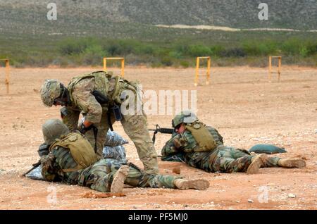 Scout snipers moldave Fire M4 carbine rifles à une gamme pour aider à renforcer et affiner leurs compétences de base dans l'adresse au tir de fusil avec l'aide de soldats de la 30e Brigade blindée de l'équipe de combat. Des soldats moldaves sont intégrés avec différentes unités relevant de la 30e Brigade blindée contre les volumes exportables (capacité de formation XCTC) exercice, 6 Août - 21, 2018. L'exercice est l'un des 30e plus grand exercice dans l'histoire récente, avec plus de 4 000 soldats citoyens à partir de la Caroline du Nord, Caroline du Sud, West Virginia, Minnesota, et le pays de Moldova.Ils seront tous aiguiser leurs combat ski Banque D'Images