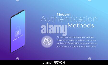 L'authentification. Méthode d'authentification biométrique d'empreintes digitales modernes. Concept isométrique de la sécurité numérique moderne. Illustration de Vecteur
