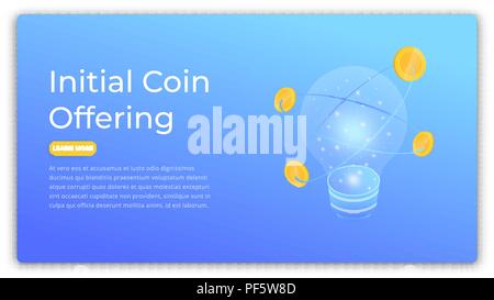 ICO. Concept isométrique initiale du coin à l'épargne. La conception moderne de l'image de héros de l'OIC. Illustration de Vecteur