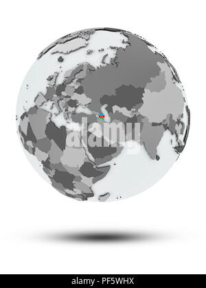 L'Azerbaïdjan avec drapeau sur le globe avec ombre isolé sur fond blanc. 3D illustration. Banque D'Images