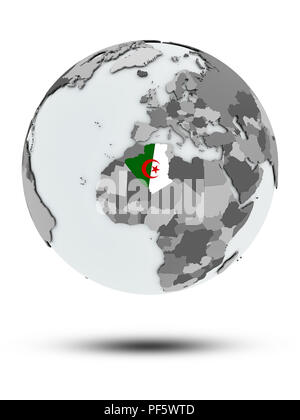 L'Algérie avec drapeau sur le globe avec ombre isolé sur fond blanc. 3D illustration. Banque D'Images