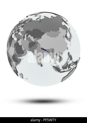 Le Népal avec drapeau sur le globe avec ombre isolé sur fond blanc. 3D illustration. Banque D'Images