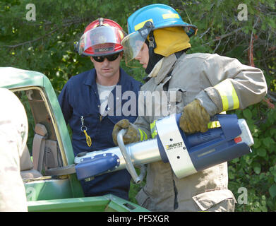 Former les pompiers estonien comme premiers intervenants dans un eehicle exercice d'extraction à la carrière de calcite Carmeuse, Rogers City, Michigan, pendant la grève du nord 18 le 9 août, 2018. 18 Northern Strike est une Garde nationale parrainée par le Bureau de l'exercice réunissant les membres en service de nombreux États, plusieurs branches de service et un certain nombre de pays de la coalition au cours des trois premières semaines d'août 2018 au Camp d'entraînement aux Manœuvres conjointes de l'ombre et le Centre d'Alpena préparation au combat au Centre, tous deux situés dans le nord du Michigan et exploité par la Garde nationale du Michigan. La Nation commune accrédités Banque D'Images