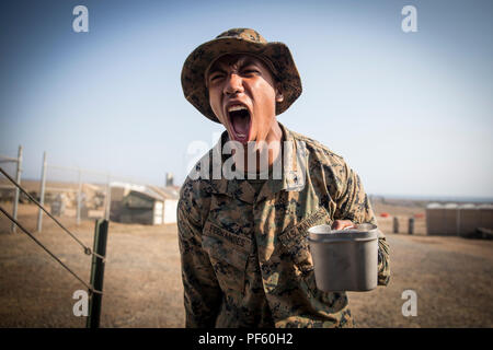 Le Corps des Marines des États-Unis. Calvin Fernandes, un opérateur de transport à moteur avec la Compagnie de soutien au combat, je Marine Expeditionary Force, Bataillon de soutien JE MEF Information Group, cris de motiver les Marines à un mess sur le terrain nuit lors d'un exercice sur le terrain au Marine Corps Base Camp Pendleton, en Californie, le 11 août, 2018. Je MSB va utiliser ce temps sur le terrain pour préparer le bataillon pour répondre aux objectifs opérationnels et de formation dans l'année à venir. (U.S. Marine Corps photo par Lance Cpl. Dalton S. Swanbeck) Banque D'Images