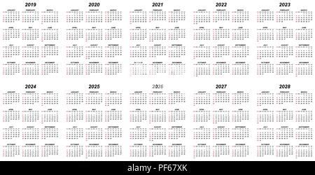 Dix ans de simples vecteurs modifiables pour calendriers Année 2019 2020 2021 2022 2023 2024 2025 2026 2027 2028 dimanche en rouge première Illustration de Vecteur