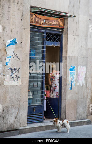 Budapest, Hongrie. 14 août, 2018. Une femme et un chien à l'extérieur d'une boutique de toilettage pour chiens dans le quartier juif. Banque D'Images