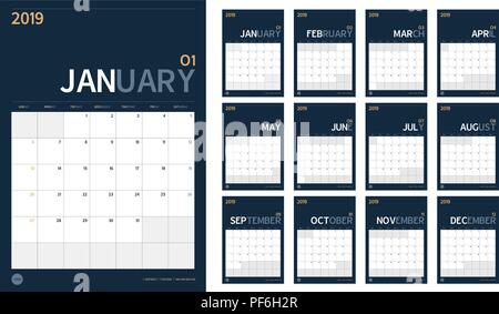 Vecteur de la nouvelle année 2019 calendrier défini dans le tableau minimes propre simple style et couleur bleu marine,Holiday event planner,semaine commence dimanche,A4 taille verticale Illustration de Vecteur