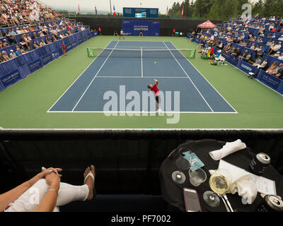 West Vancouver, Canada. 19 août 2018. Daniel Evans de Grande-Bretagne (en bas) et Jason Kubler (haut) lors de l'ATP Challenger Tour Circuit Mens seul finale à court central. Odlum Brown VanOpen Hollyburn Country Club. © Gerry Rousseau/Alamy Live News Banque D'Images