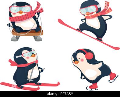 Snowboarder, skieur, patinage sur glace et luger vector illustration. Pingouins active en hiver Illustration de Vecteur