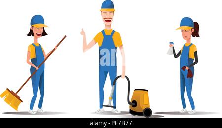 Le personnel du service de nettoyage smiling cartoon characters isolé sur fond blanc. Les hommes et les femmes habillés en uniforme vector illustration dans un style plat. Mignon et gai et femme de ménage concept. Illustration de Vecteur