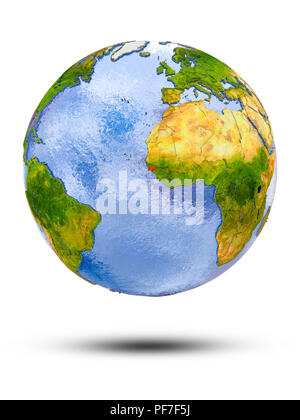 La Guinée-Bissau sur globe avec ombre isolé sur fond blanc. 3D illustration. Banque D'Images