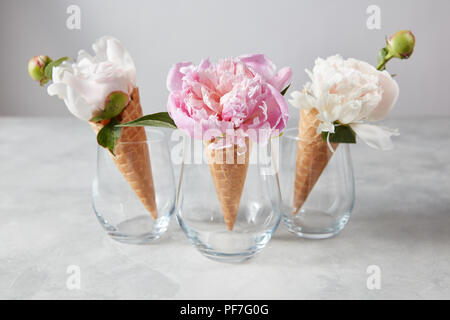 La composition créative de fleurs délicates sur les dispositifs de cônes avec bourgeons sur une table de pierre grise, copiez l'espace. Banque D'Images